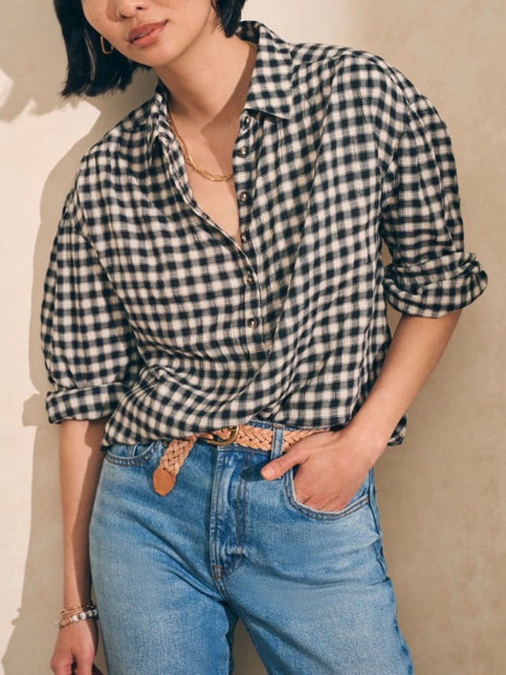 Faherty Olli Black/White Gingham Lightweight Boho Long Sleeve Top - Women's L